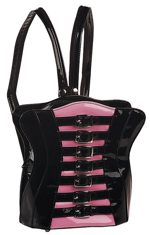 Black & Pink Buckled Patent Corset Backpack